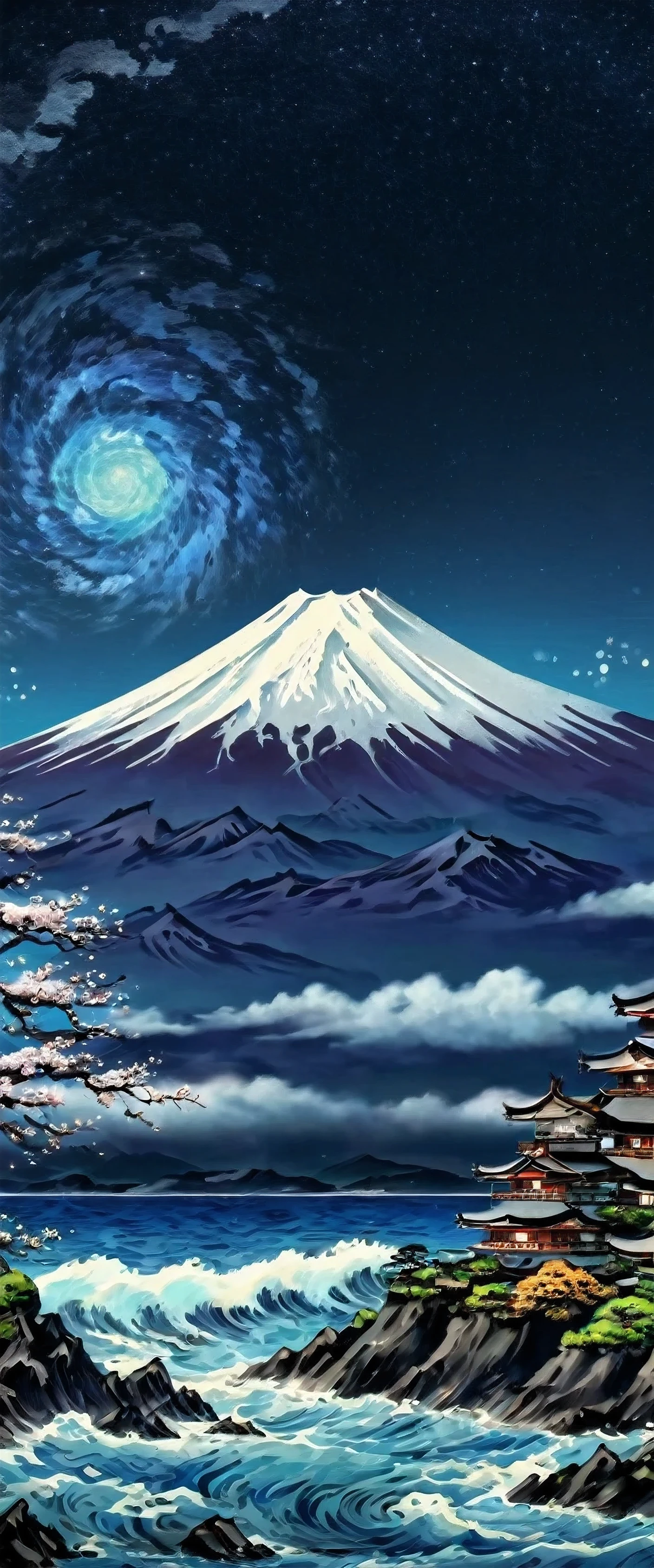 Exquisitely detailed  Ultra HD, octane render, extreme contrast, extremely lovely and strikingly detailed Mountain and seas. Japanese wave art with van gogh starry night. Swirl of stars and clouds full moon behind Mt fuji