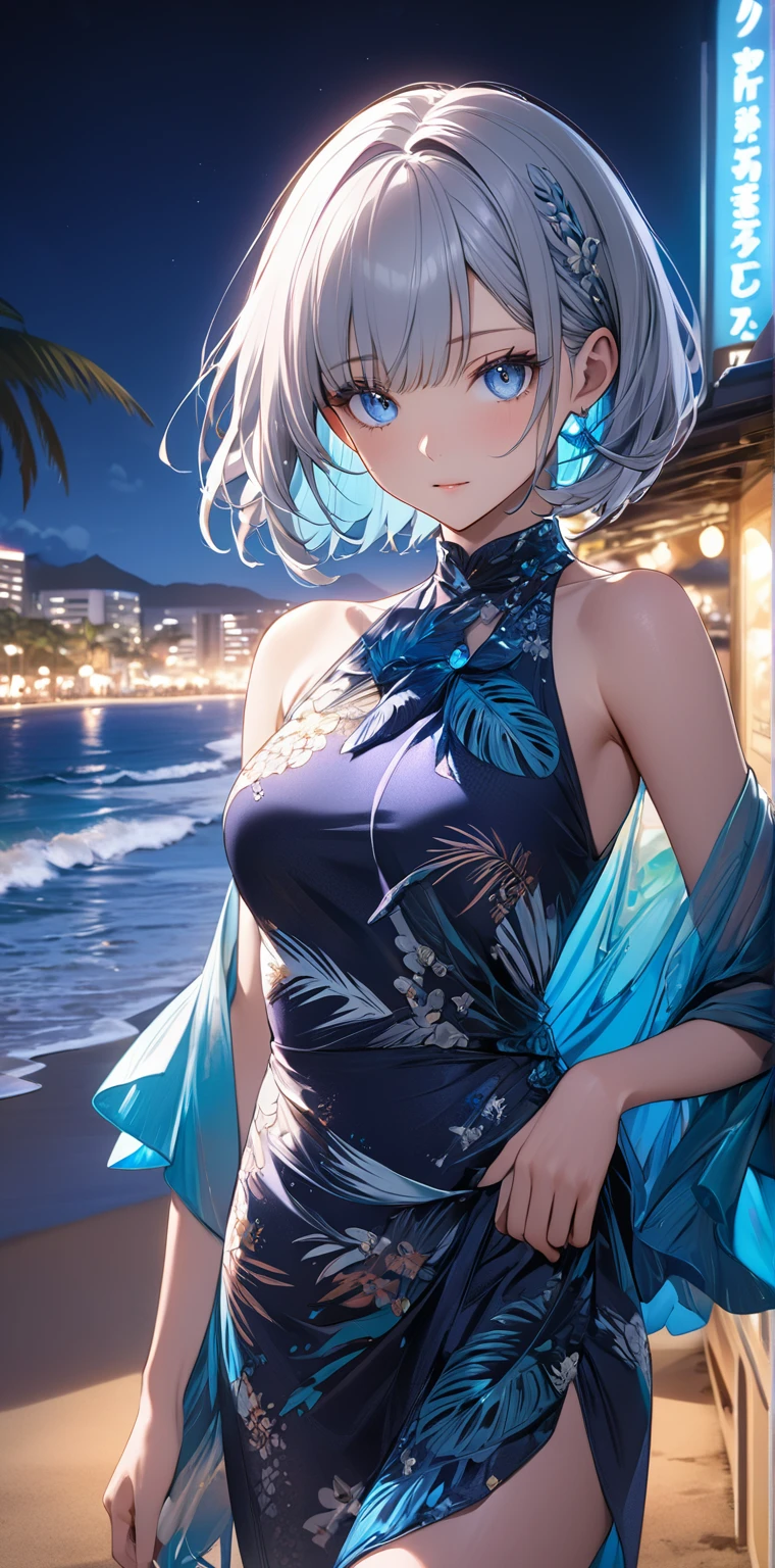 (Highest quality, High resolution, Very detailed), 1 female, Silver Hair, Super short hair, Reddish brown eyes, silver maxi dress, lace thong, shiny skin, Large Breasts, 24th generation, Beautiful woman, mature, quiet, Calm, A small smile, beach, sun,