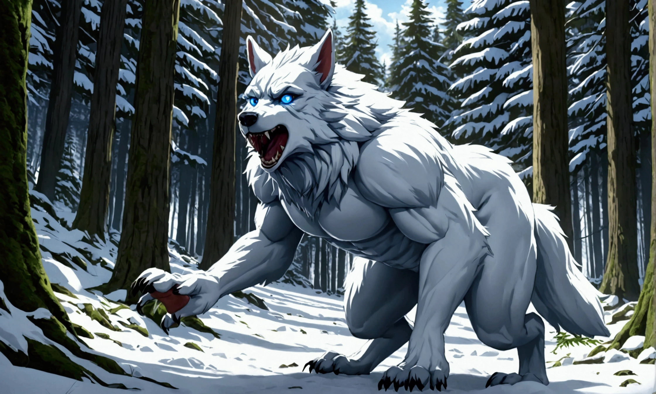 A dog green fur fuck with white wolf, big dick, in snow forest