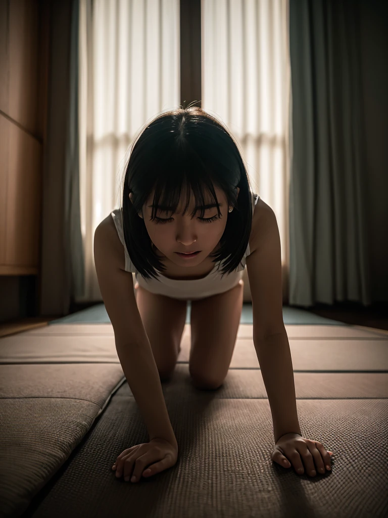 (masterpiece:1.2, Best Quality:1.2), 32K HDR, High resolution, Solo, 1girl in, (Ultra-realistic portrait of Sadako Yamamura, the ring_Japan horror movies), ((Black hair, Long hair, hair over eyes, Long bangs)), (, pale skin, Perfect slim body:1.1) ((all fours pose, Upper body down Lower body up, breasts, Coming out from the TV)), Detailed skin texture, Detailed face, (Dark atmosphere:1.3, Dark living room:1.3, in the abandoned house, in Japan),