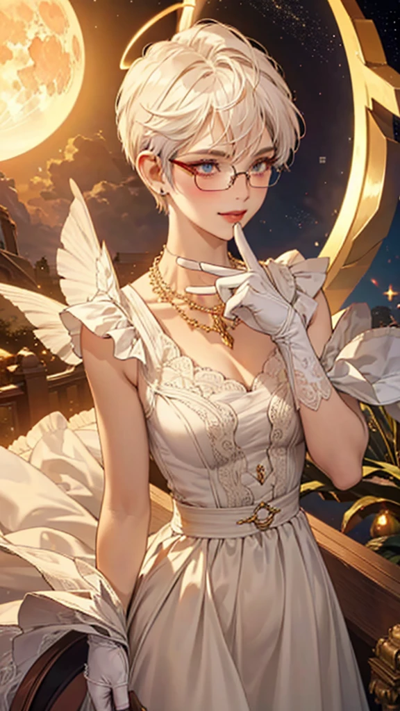 8k, masterpiece, best quality, highly detailed, 1 girl, tiefling, warlock, pixie cut, multicolored hair, very short straight hair red highlight hair on white hair, strippled hair, wearing glasses, round glasses, earrings, red eyeshadow, long eyelashes, blushed cheek, red lips, pearl necklace, rings, collarbone, mole on face, glamorous, white and gold clothes, sleeveless, laced dress, smirk, close up view, rings, looking at viewer, demon horns, solo, starry sky, radiant gold moon, standing, golden halo, white lace gloves, heavenly scene, halo, holy palace in background.