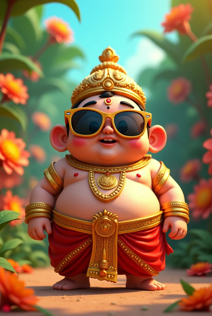 Appears to depict a 3D animated character,possibly modeled in the style of a traditional Indian royalty or deity, with exaggerated features for comical or friendly effect. The character is a smiling, wide-eyed, moustached male.He wears a gold crown adorned with red jewels and has long, wavy black hair. His attire includes a white dhoti, various gold ornaments such as necklaces, earrings, bangles, and holds a Marshall speaker in his left hand. His expression is happy and surprised, and the overall style is energetic and cartoonish.He was fat man