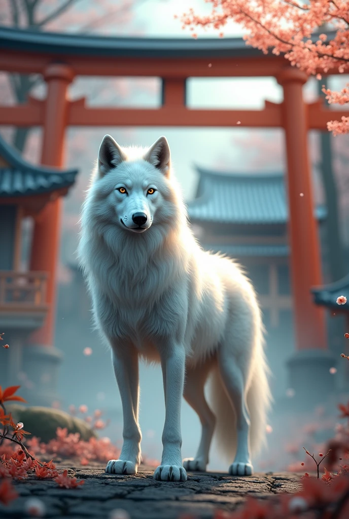 Japanese Fantasy, white spiritual Wolf, light particles, torii, Old Japanese Minka, 