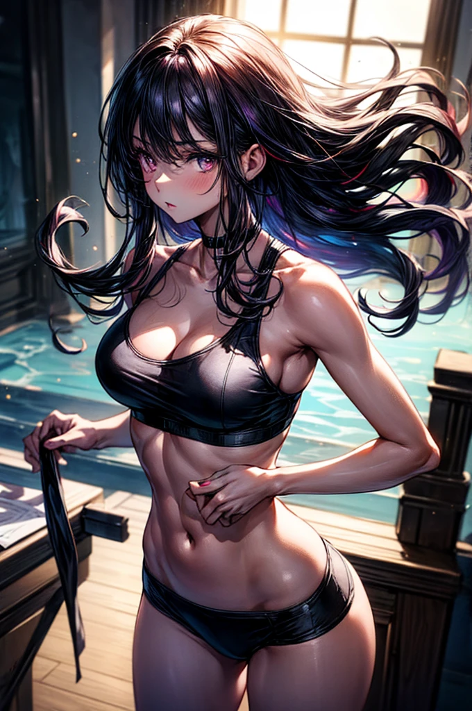 ((Sketch)), ((Watercolor)), ((best quality)), ((masterpiece)), (detailed), 4k image, anime style, beautiful young girl  girl, , sleek waist length dark violet-black hair, velvet colored eyes(mix of red and purple), serious and disdainful expression, sharp and arrogant facial features, full cherry pink lips, slim curvy body, tall height(180cm), narrow waist, D cup breasts, small curvy hips, oval shaped face, form-fitting sports bra and black form-fitting boxers(underwear), delicate physique, standing pose with body turned at an angle, hips flaring out, looking at the camera with a focused gaze, smooth light white skin with a slight sheen, natural indoor background with a bed and desk, casting gentle shadows, casual and slightly intense atmosphere, low angle, sharp focus on the subject, no motion blur, well-lit overall exposure, side view