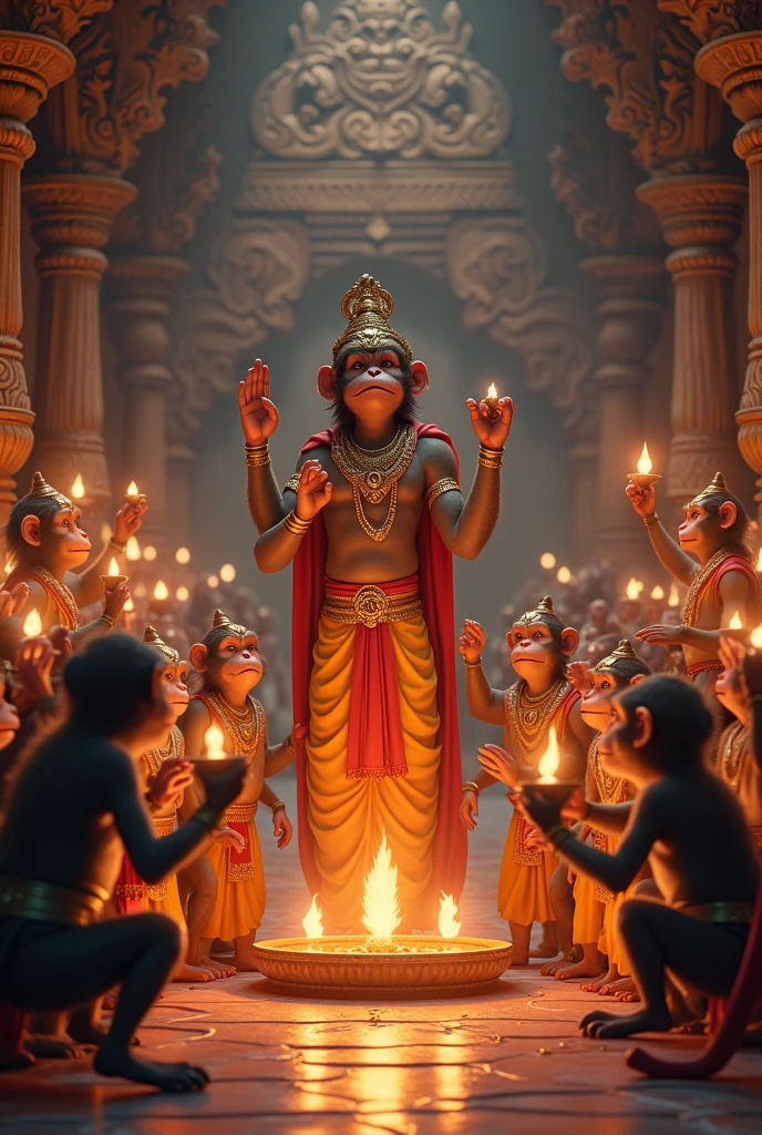 (photorealism:1.2), ((best quality)) Create an illustration of Narada Muni with a monkey face standing proudly in a grand palace setting. Narada, with a mix of arrogance and confidence, should be depicted wearing traditional sage attire and holding his kartals and veena. In the background, show a beautiful princess with a flower garland in her hand, laughing at Narada's appearance. The palace should be richly decorated, highlighting the contrast between Narada's proud stance and the princess’s amused reaction. Capture the moment with vibrant colors and expressive facial expressions.