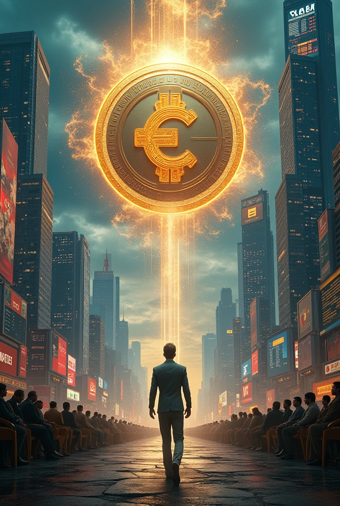 ((best quality) ), ((masterpiece)), (detailed), perfect coin, gold coin, π in middle, city, cyberpunk, infinity. Woman,