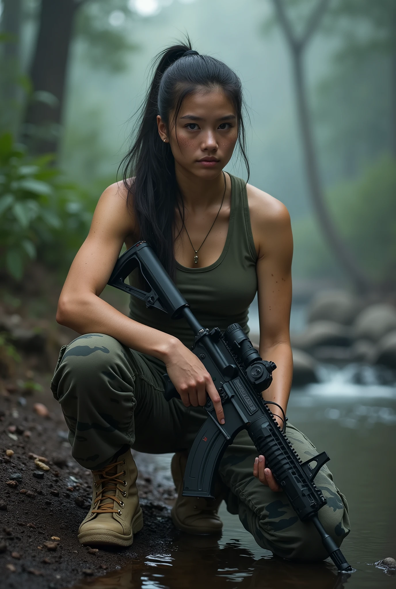 created the realist photo hi resolution "A captivating image of a tough Thai woman sitting next to a stream in the fog. She has a tan complexion, Healthy strong body , long hair Put your hair in a ponytail , and a sprinkling of freckles across her skin. Dressed in a a Khaki muscle shirt , camouflage gray military pants, and light sandy boots, she exudes a sense of strength and determination. In her hands is an MP4 Automatic rifle gun, ready for action. The fog adds a sense of mystery and depth to the scene, creating an atmosphere of resilience and courage in dark forest."