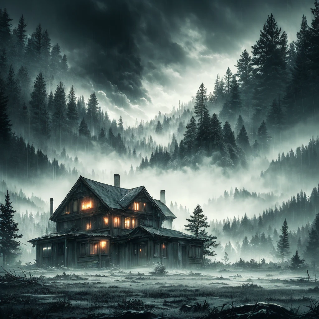 dark cloudy sky, cold winter landscape, gloomy forest, old abandoned house, moonlight, mist, melancholic mood, dramatic lighting, cinematic composition, moody atmosphere, dark colors, high contrast, emotional tension, unsettling narrative, photorealistic, 8k, master detail, hyper realistic