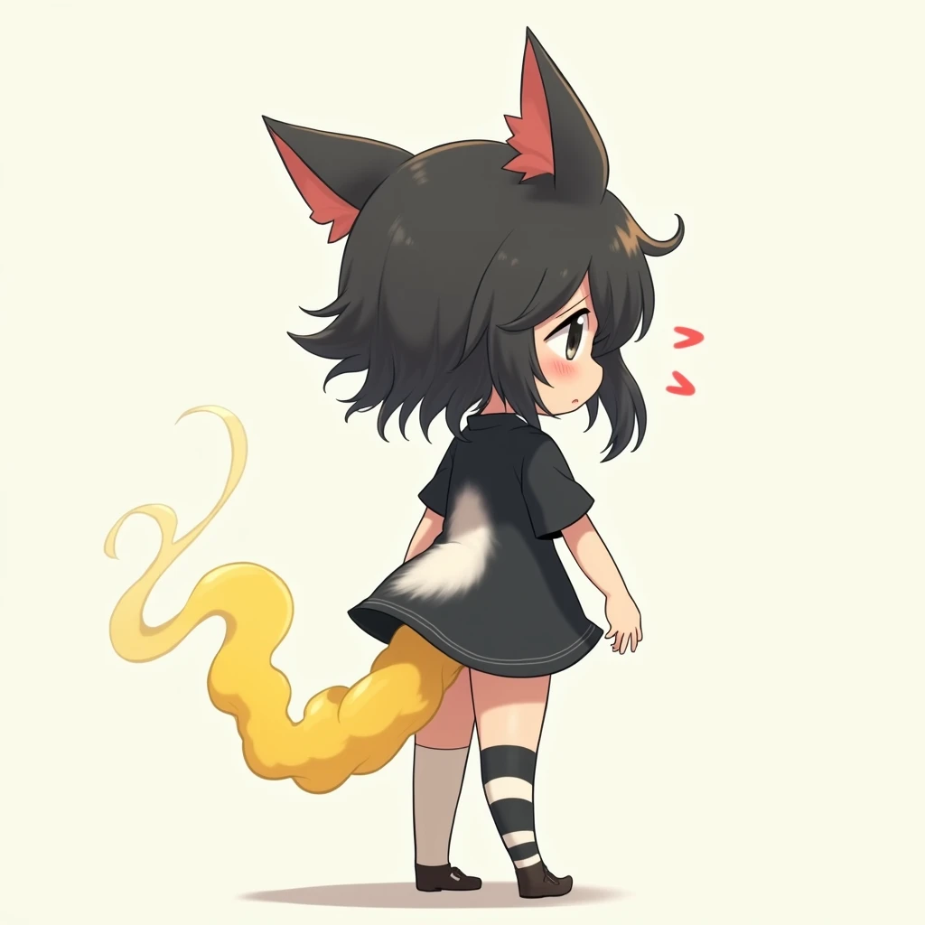 (masterpiece:1.2,top-quality), ((((Blurry background with deep yellow fog)))), (li), (Loli with a very young face), (flat chest), (7-yeld), autiful slender body), blushing, Smiling mischievously, black eyes, black hair, ((long hair)), standing, Turn around and look back, massive butt, Sticking out the butt, ((Black and yellow clothes)), (dark skirt), Skirt lift, white panties, Bare thighs, fart, onara, fart, farting, big fart, Fart from the ass, Farting non-stop, Yellow smoke, room full of yellow smoke