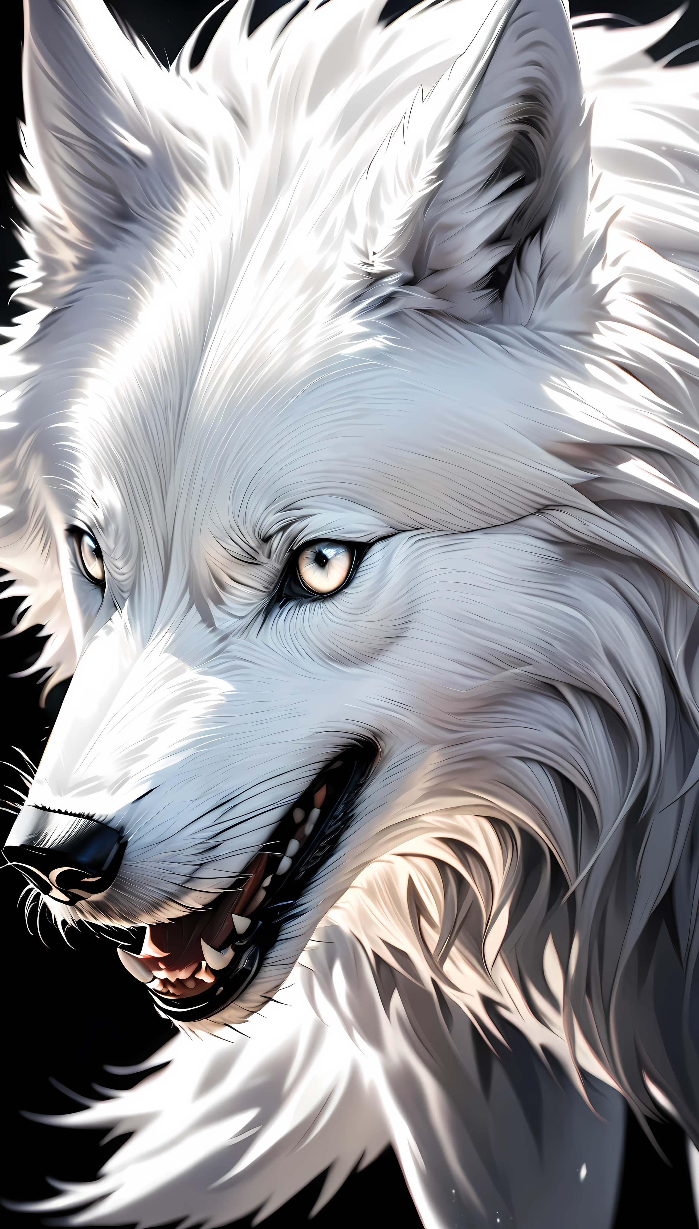 a highly detailed white wolf, black background, hyper realism, striking contrast of black and white, surreal pure white