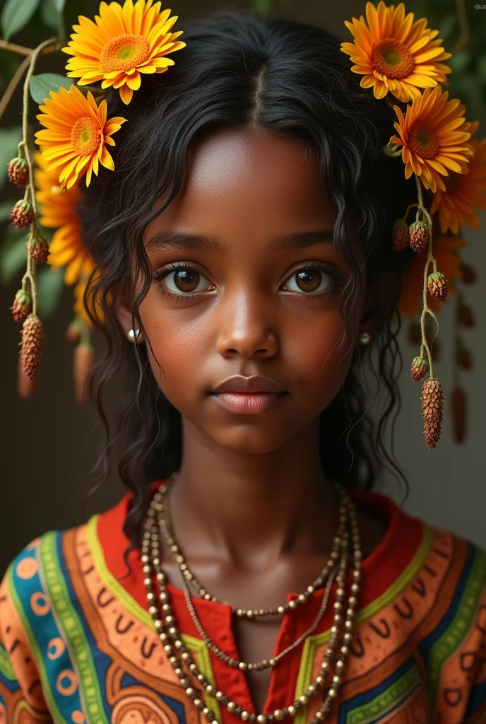 oxun child, The African Orisha, CABELOS PRETOS,sorrindo, ((((dentes brancos))), happy child,deusa dos rios, Ioruba, Yoruba deity, olhar de menina, menina doce, sensivel, sorrir, Bela,  Props in yellow tones, vestindo um ade detalhado e intrincado, cosmic goddess, cosmic forest, astrofotografia