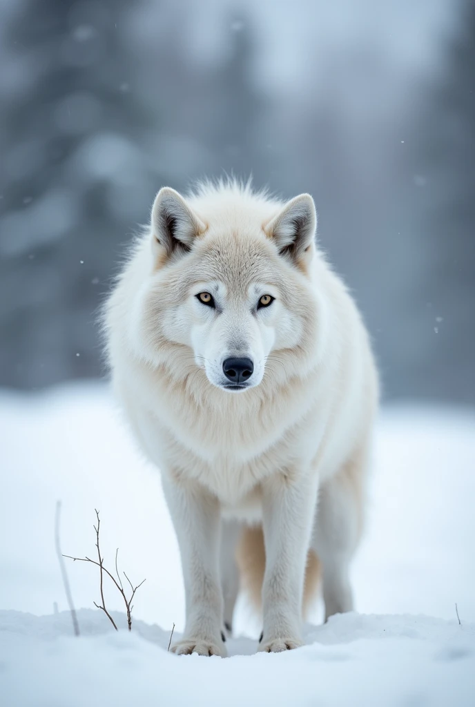 A white wolf standing in a snowy landscape.