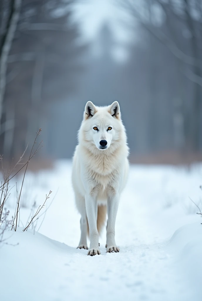 A white wolf standing in a snowy landscape.