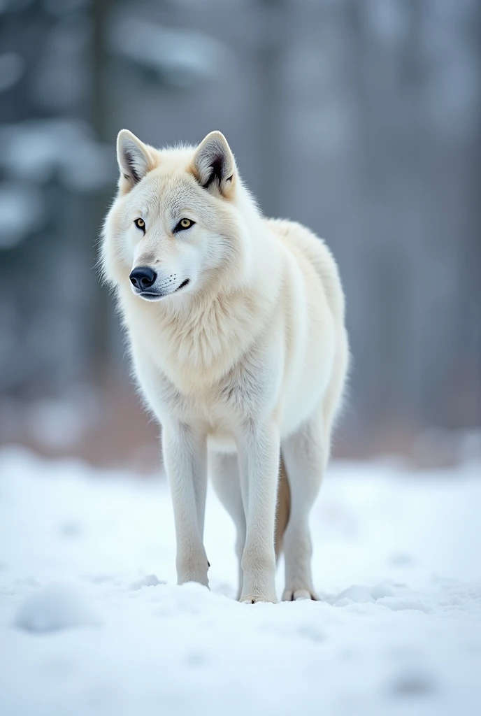 A white wolf standing in a snowy landscape.