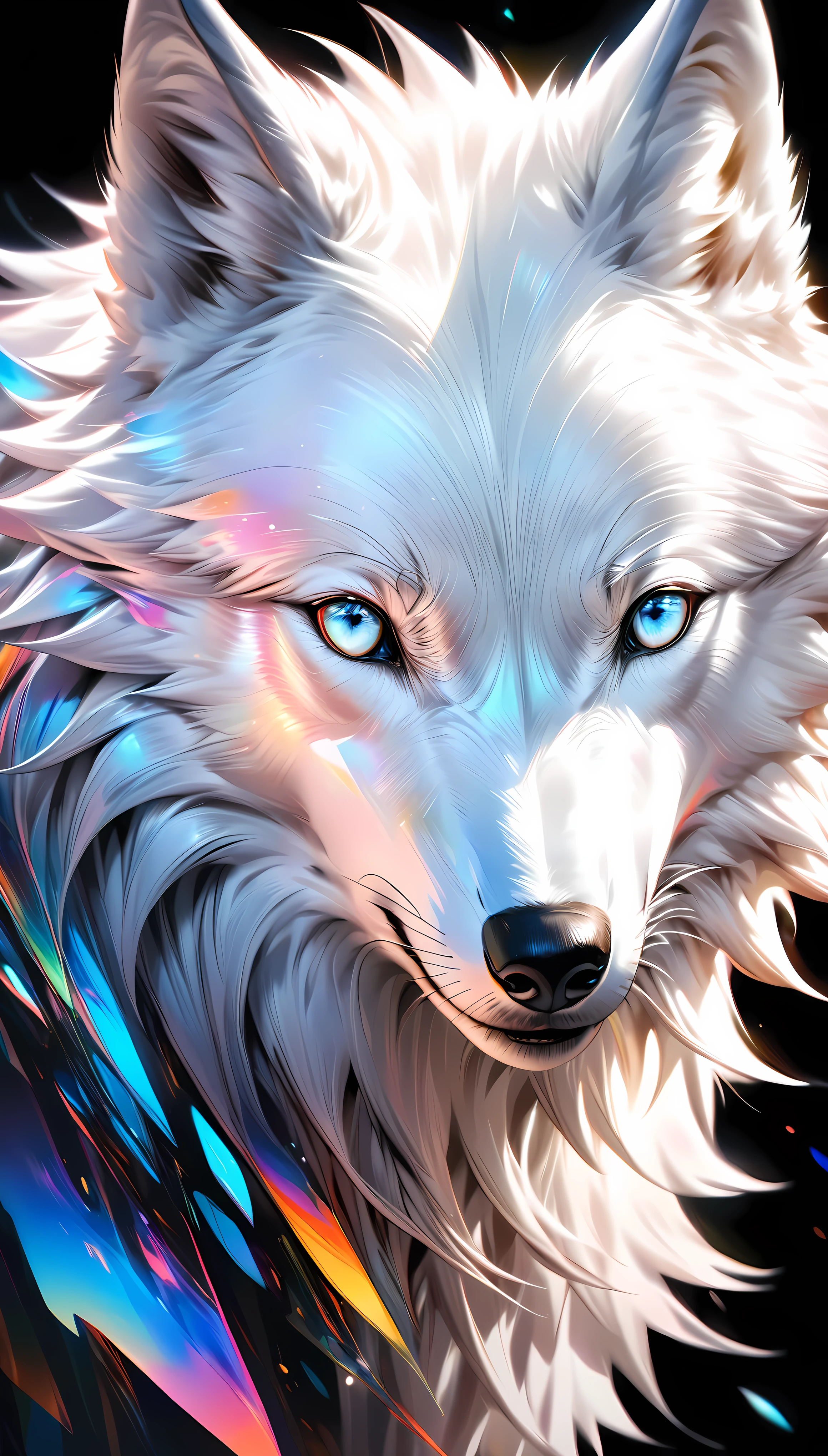 a highly detailed white wolf, seamless fusion of oily clear colors, transparent fuzzy elements, black background, hyper realism, striking contrast of black and white, surreal pure white