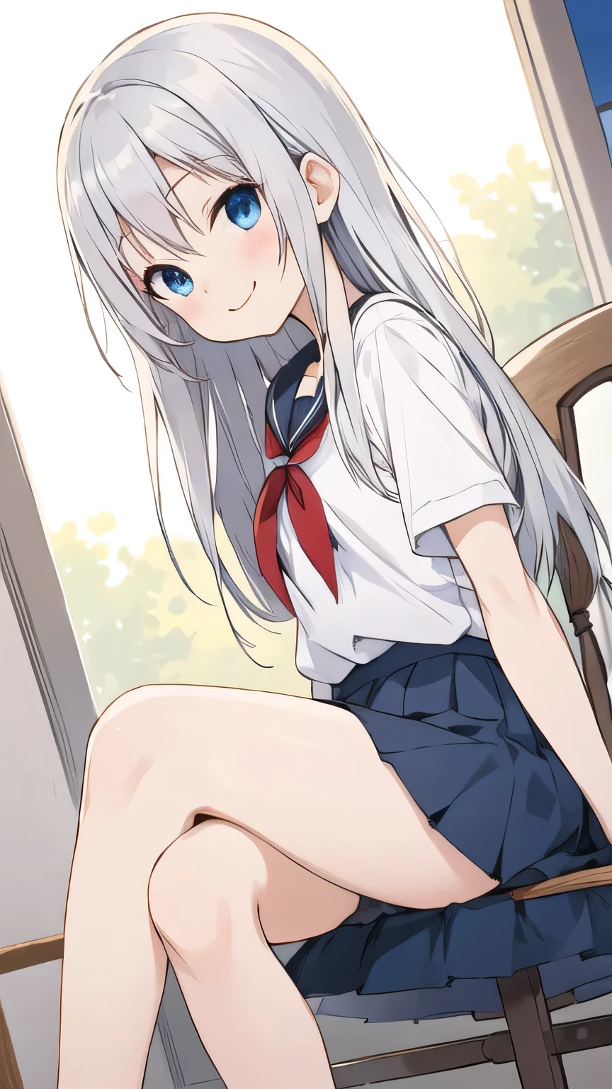 cute girl, アニメ, silver hair, straight hair, Blue eyes, (young:1.1), (small bust:0.6), (cute:1.3), (middle bust:0.9), cute, (cute:1.2), (sulk:0.6), Smail, (shy:1.0), cowboy shot, cute, side shot, (shy:1.0), dark blue skirt, standing, short sleeve, (spread leg:1.2), school room, (open leg:1.2), (smile:1.1), (open leg:1.1), (M-shaped legs:1.2), no pantie, (Sitting with legs crossed:1.2), (low angle:1.2)