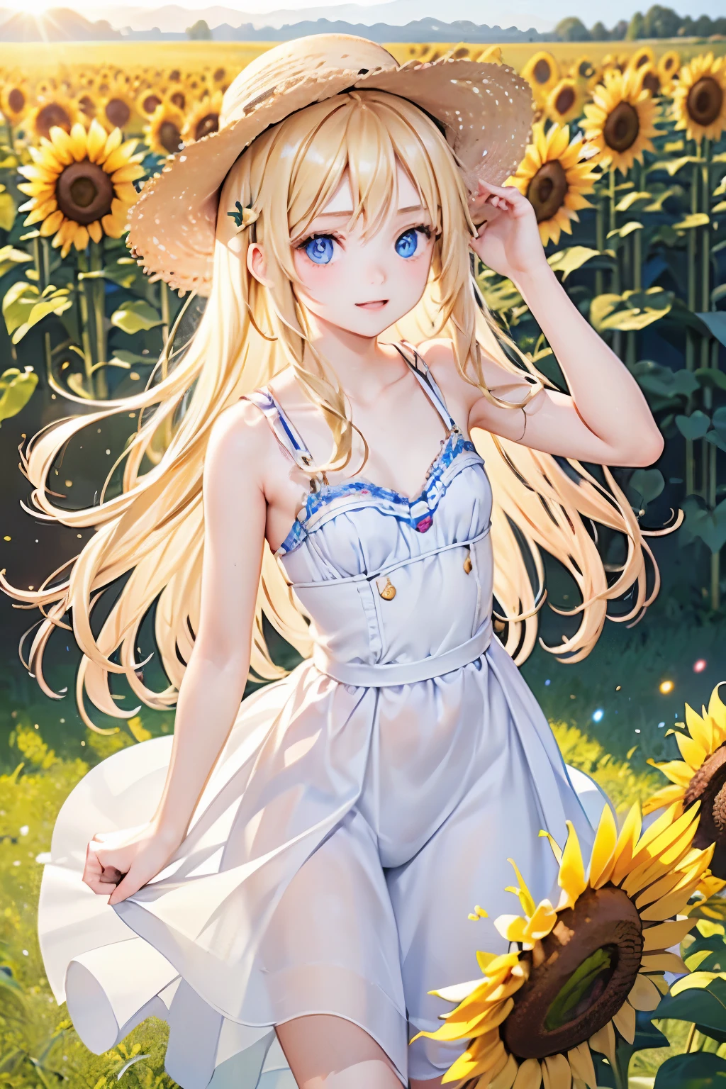 masterpiece,Highest quality,Very detailed,beautiful girl, ager,Straw hat,A field of sunflowers,,Small breasts,Narrow waist,Straight blonde hair,Perfect Blue Eyes,Very cute,Active pose