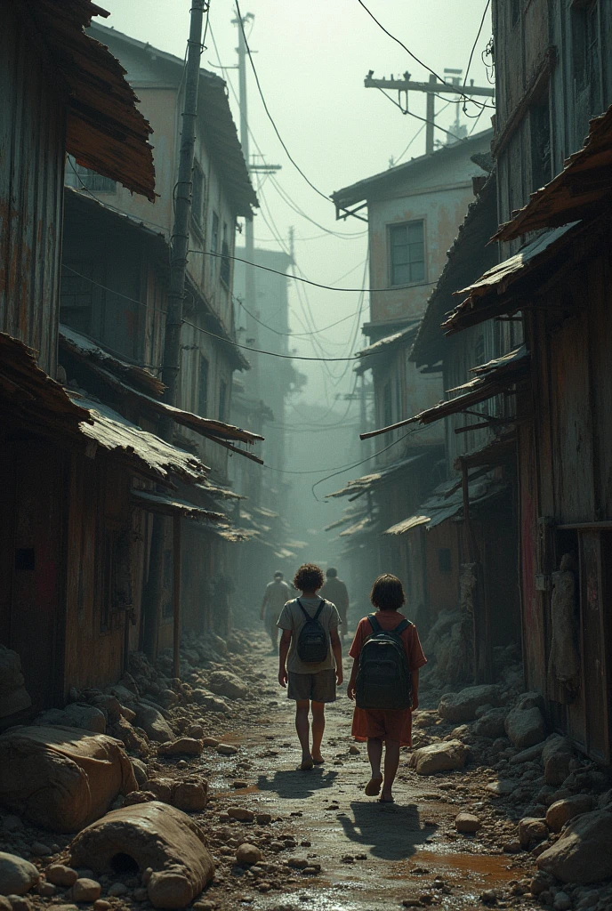 A -yead boyands barefoot in the street,Ragged clothes,unkempt,wounded,mud ground,Depressive。Armageddon,karo,Ruined streets,A high resolution,best qualtiy,tmasterpiece,lifeless --auto