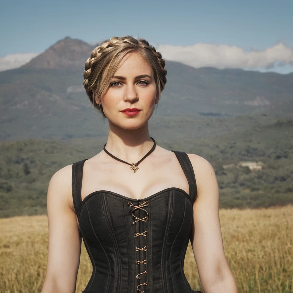 sadieadler, (wearing a corset), braided short blonde hair,  8k uhd, dslr, high quality, rdr2game-Stil, Sadie Adler, rdr2game style, 1girl, solo, upper body, arms up, armpits, bare shoulders

((Sideboob)), small breasts,bare arms,abdomen, stomach, navel,groin,collarbone