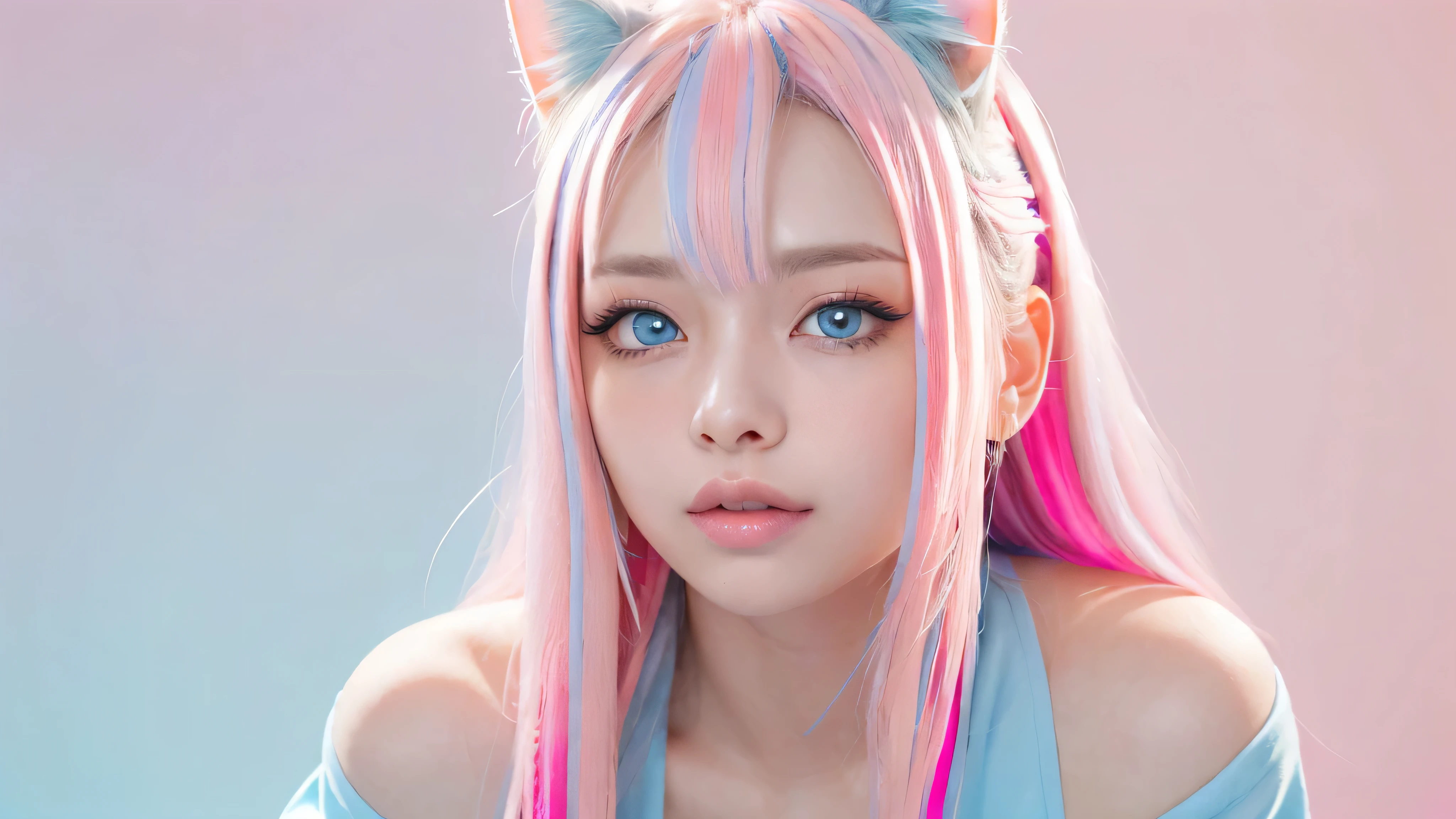 masterpiece, highest quality, Photorealistic, 4K, bokeh, enlightenment, (1 perfect portrait of a girl), (A fascinating eye for perfect detail), colorful hair, (gradient hair), (neon pink hair:1.6), (Cat ear:1.2), Slim and tall body type, fantasy background, exposed bare shoulders, long-term alienation sleeve, lean forward a little, If you look up, hair ornaments , Little head tilt, , movie lighting, oversized clothes, ((seductive pose)), (neon pink background:1.6), Close up,