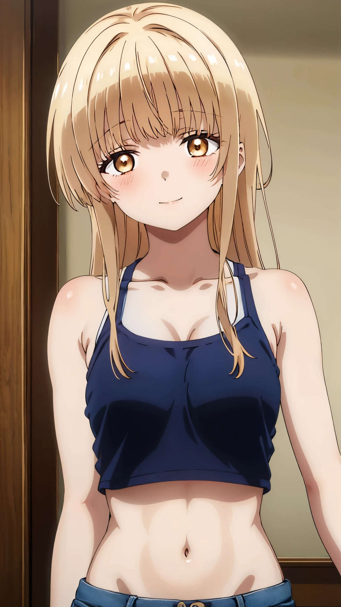 1girl, short girl, anime artstyle, masterpiece, highres, solo, 8k, detailed, perfect face, best quality, (ultra high quality), (looking at viewers), (armpit), collarbone, bare arms, bare shoulders, small breast, cleavage, flaxen hair color, long hair, caramel eyes color, belly, stomach, navel, abs, crop tanktop, black tanktop, mini short, denim short, slim body, upper body, closed mouth, smile, blush, indoors, hand up