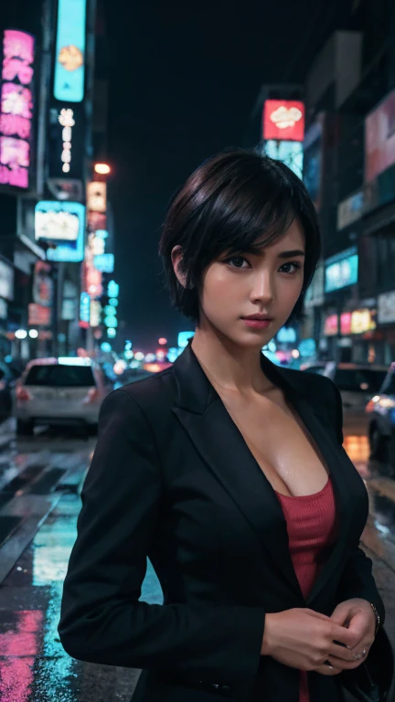 (Black trench coat), (uhd), (Upper Body Shot), One Girl, Bobcut, City night view, Street lamp, in the rain, reflection, Neon Light, mysterious, atmosphere, Wet roads, Night City, shine, silhouette, cool, Sophisticated, stylish