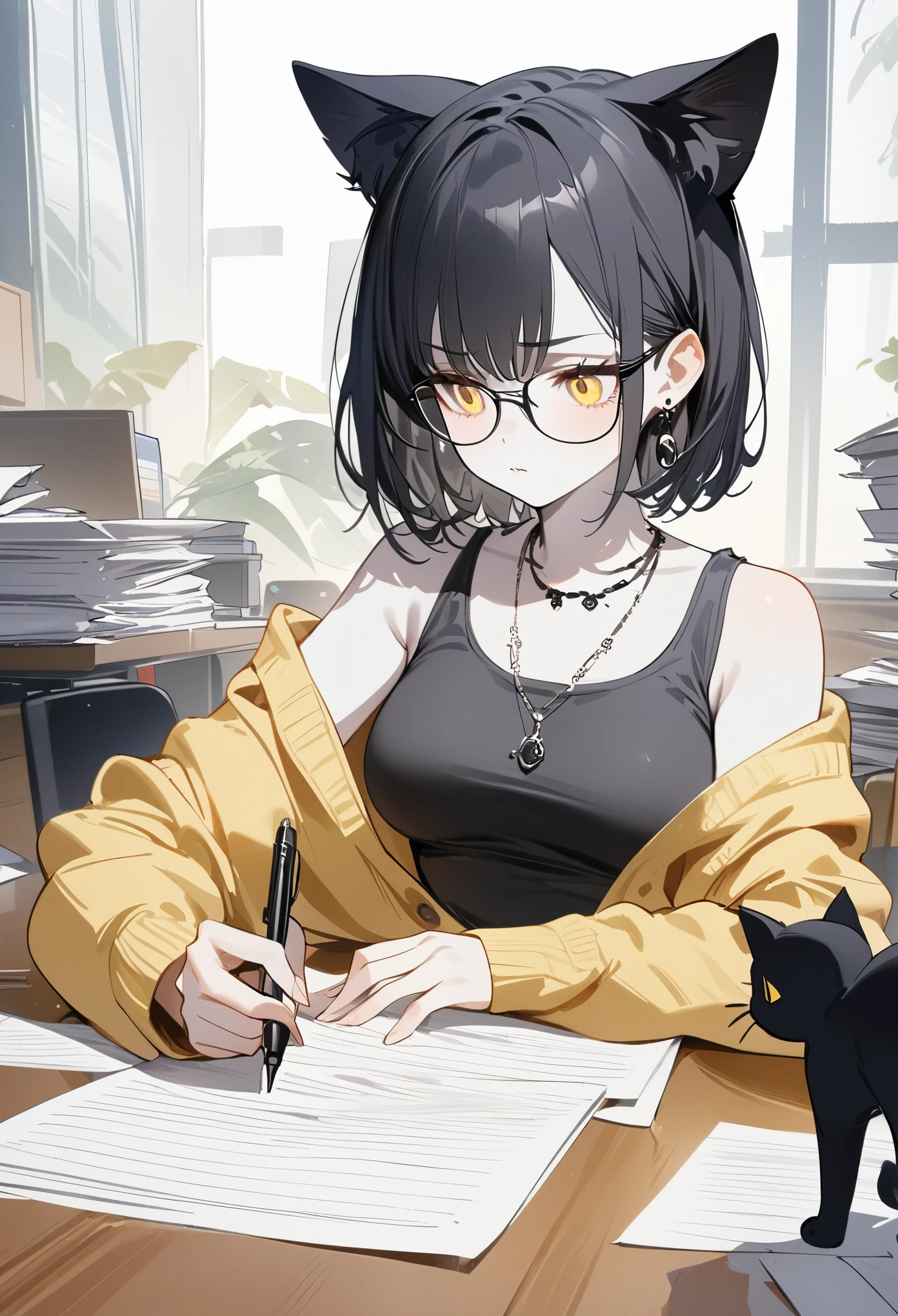 a girl,(Black cat ears), black hair,short hair, albino with yellow eyes, wearing black tank top, yellow cardigan,glasses,slacks,have ballpoint pen,worry,looking away,Papers on the table, earrings, necklaces,, medium breasts, pale skin tone,, (best quality,4K,8k,highres,masterpiece:1.2),ultra-detailed,