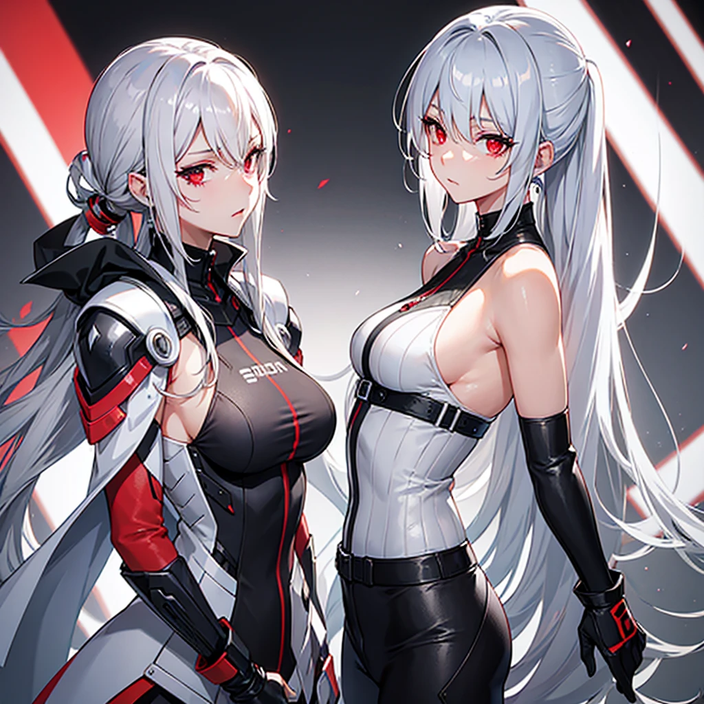 Anime girl with white hair and rabbit ears，red color eyes，Shy blush，National Wind Mech，cyber punk perssonage, ((deep cleavage 1.8,  oily skin, oily body, huge perky breasts, curvy, hands on waist, ))(erotic smile)) cameltoe 1.8, ((kissing each other, touching eachother))