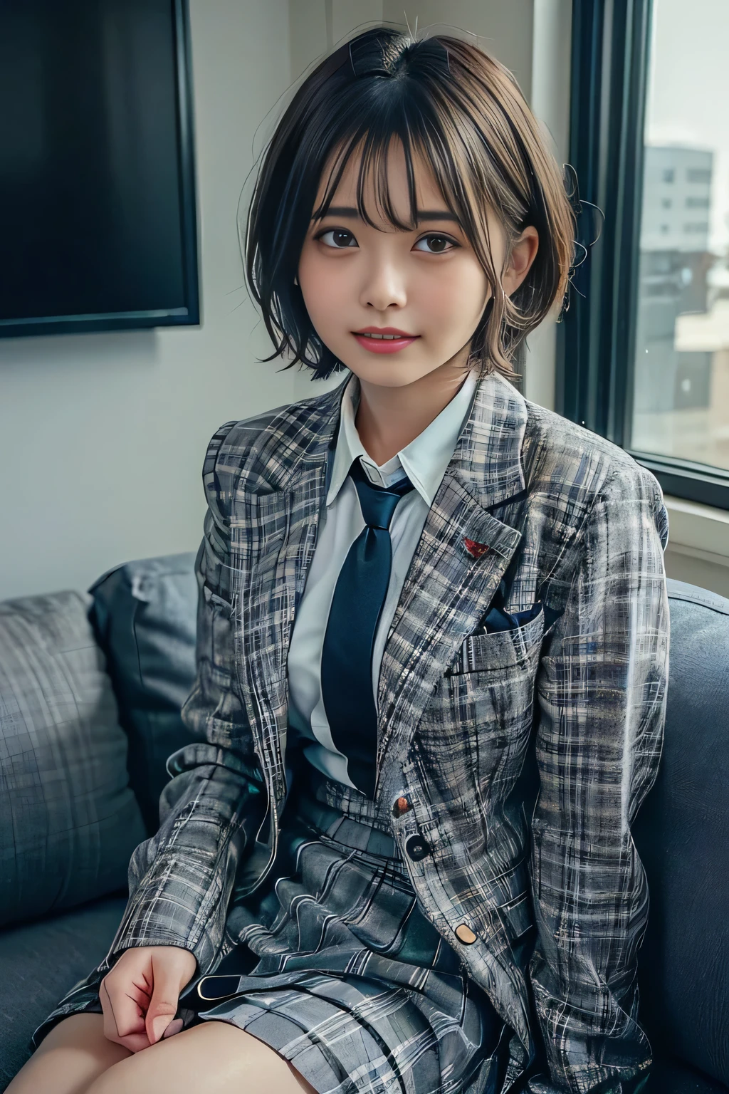 ((masterpiece:1.4))、((flying objects:1.4))、((Woman with short light brown hair:1.4))、((Cowboy Shot:1.4))、((Facial expression photo:1.4))、((She is sitting on the couch in the office。..., A grey checkered pleated skirt that accentuates the thighs.:1.7))、((Schoolgirl uniform tie:1.4))、Very sexy outfit, ((Wearing a strict dark blue blazer suit:1.4))、High school girl blazer uniform、Sexy look,((Woman with a sad expression:1.4))、((Girl with short hair:1.5))、((smile:1.4))、