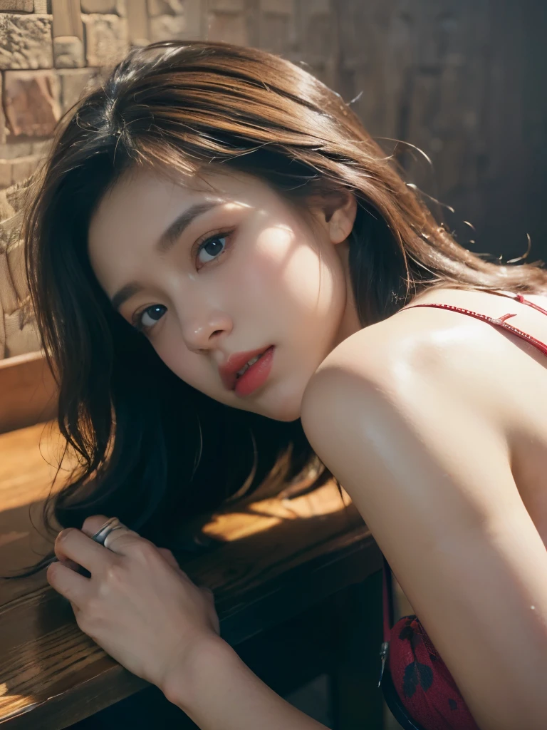 (((photorealistic))),best quality,masterpiece,((realistic)),(ultra high definition),ray tracung,japanese femele,1 girl,high angle,swimwear,bikini,((super fine face)),((lying down wiith sexy pose))