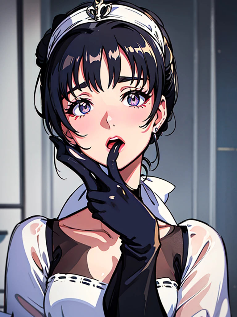 4k digital art,realistic,blowjob,sucking penis,(heart-shaped pupils),humid,high resolution,ultra detailed,black hair,(tareme:1.2),mature and curvy woman,(aroused and happy:1.5),drooling,excessive cum,sweaty,off street,tailor jacket,frilled blouse,wavy hair,curvy,