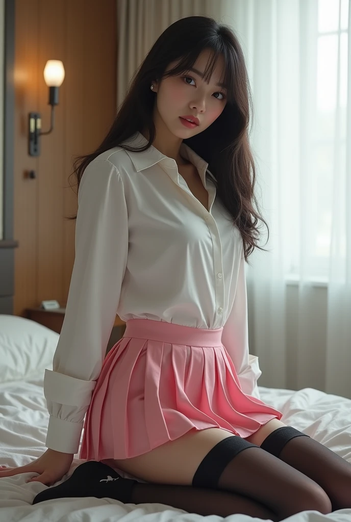 (realistic light, best quality, 8k, masterpiece: 1.3)), 1girl, a slender beautiful woman: 1.4, 18 year-old female, high school student, sexy, white skin, double eyelids, delicate eyes, white short shirt, pink bow tie, Pink pleated skirt, white sheer stockings, in the room, sitting on the white bed, leaning forward on the bed with hands supporting the body, looking at the front charmingly, half of the black hair is in the front and half in the back