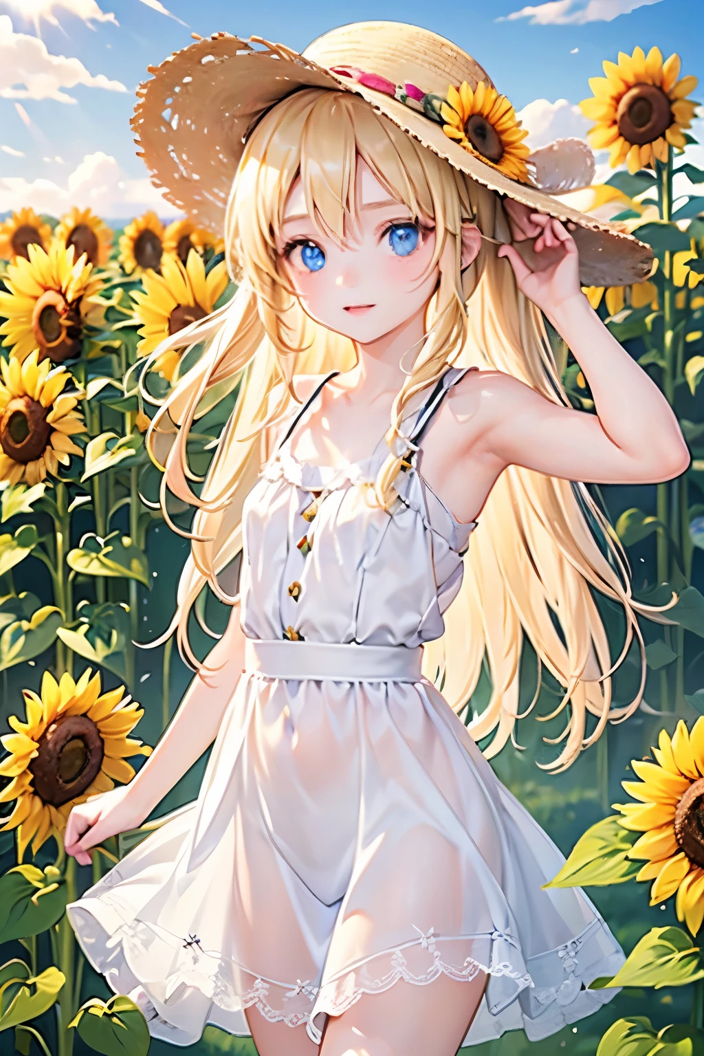 masterpiece,Highest quality,Very detailed,beautiful girl, ager,Straw hat,A field of sunflowers,,Small breasts,Narrow waist,Straight blonde hair,Perfect Blue Eyes,Very cute,Active pose
