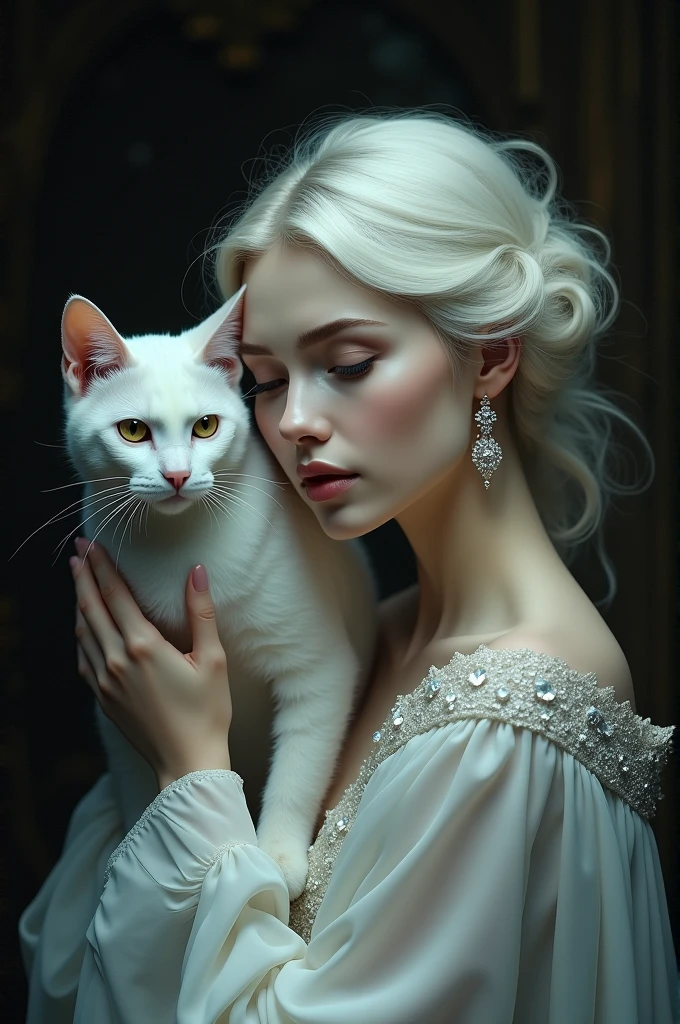 The white cat made a beautiful picture of his mother wearing a beautiful suit.