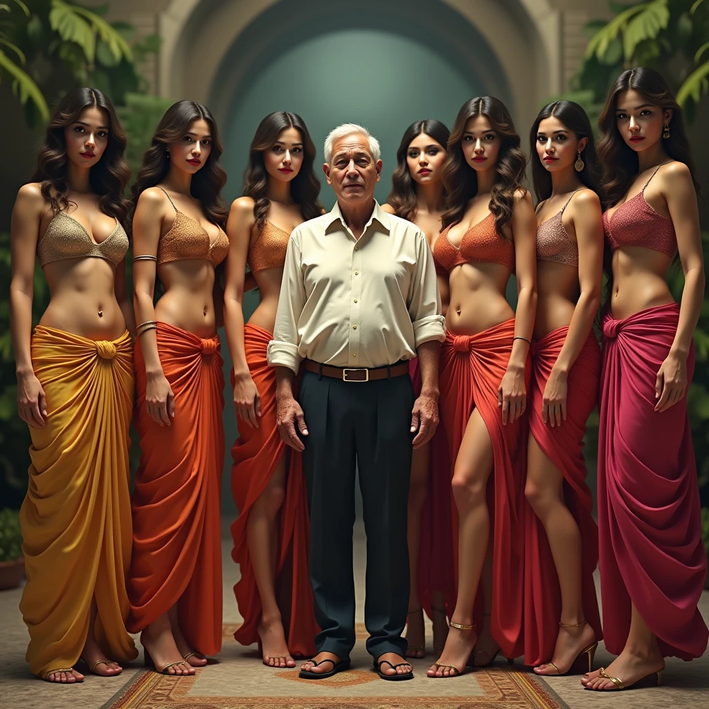 A beautiful Indian bride standing in sexy micro bikini, wearing jwellery, big boobs, fair skin, sexy figure, very bold makeup, nipples painted, big boobs, deep lipstick, eye liner, eye shadow, full face makeup, and talking to a of black very old naked beggar, very thin, dark skin, white hair, in an empty deserted railway station at night, everyone one is naked,