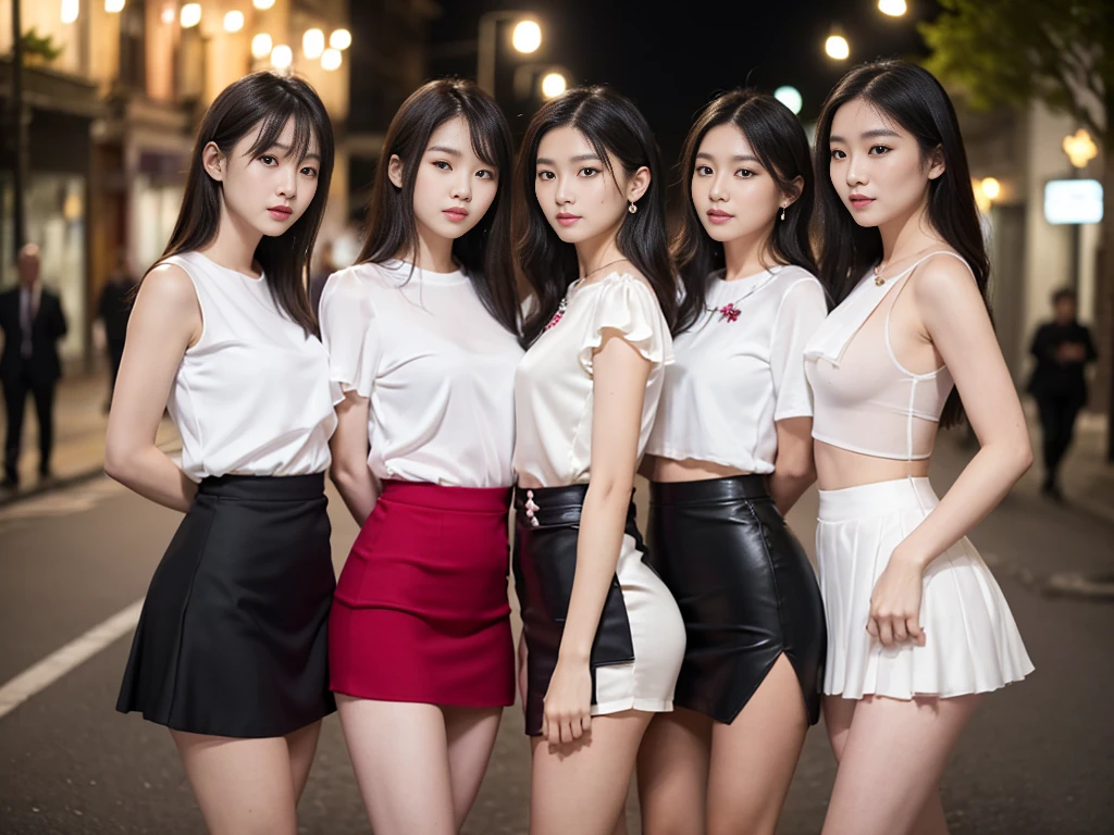 I'm taking photos for a new concept album. Create a concept photo of a girl group wearing dynamic, sporty dresses