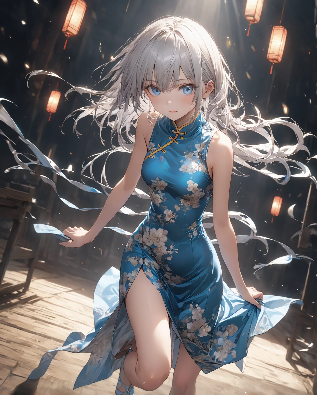 (masterpiece,best quality,official art, Extremely detailed CG unified 8k wallpaper,ridiculous,8K resolution,yukivo,There are moles under the eyes,Color contact lenses,cat's mouth,Awkward,long hair,silver hair,hair behind ears,ribbontrim,(cheongsam:1.4),(transparent clothes:1.2),Lace tights,Socks hanging,Ice crystal texture,Look in the mirror,skirt lift,In winter,snowflake,Chinese Valentine's Day,Cinema lighting)