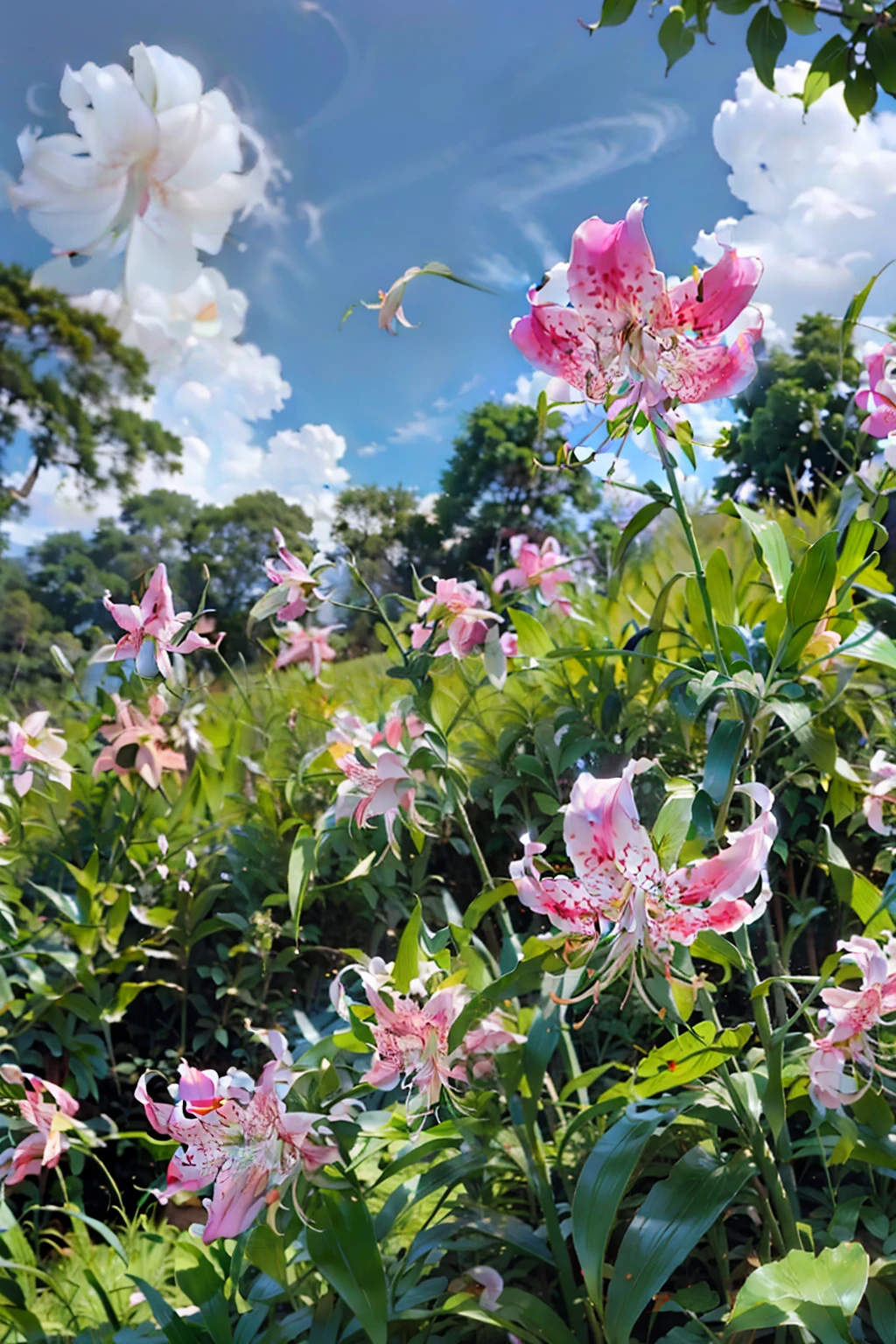 (masterpiece, Highest quality:1.2), Kanoko lily, 1 Flower, Some flowers, Whole grass, White background, 