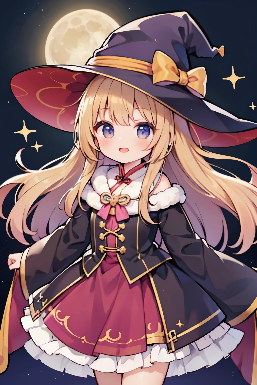 (Highest quality:1.2)。One Woman。Little Pretty Lady。long light brown fluffy hair。Witch costume。Bright smile。The background is a bright moonlit night。