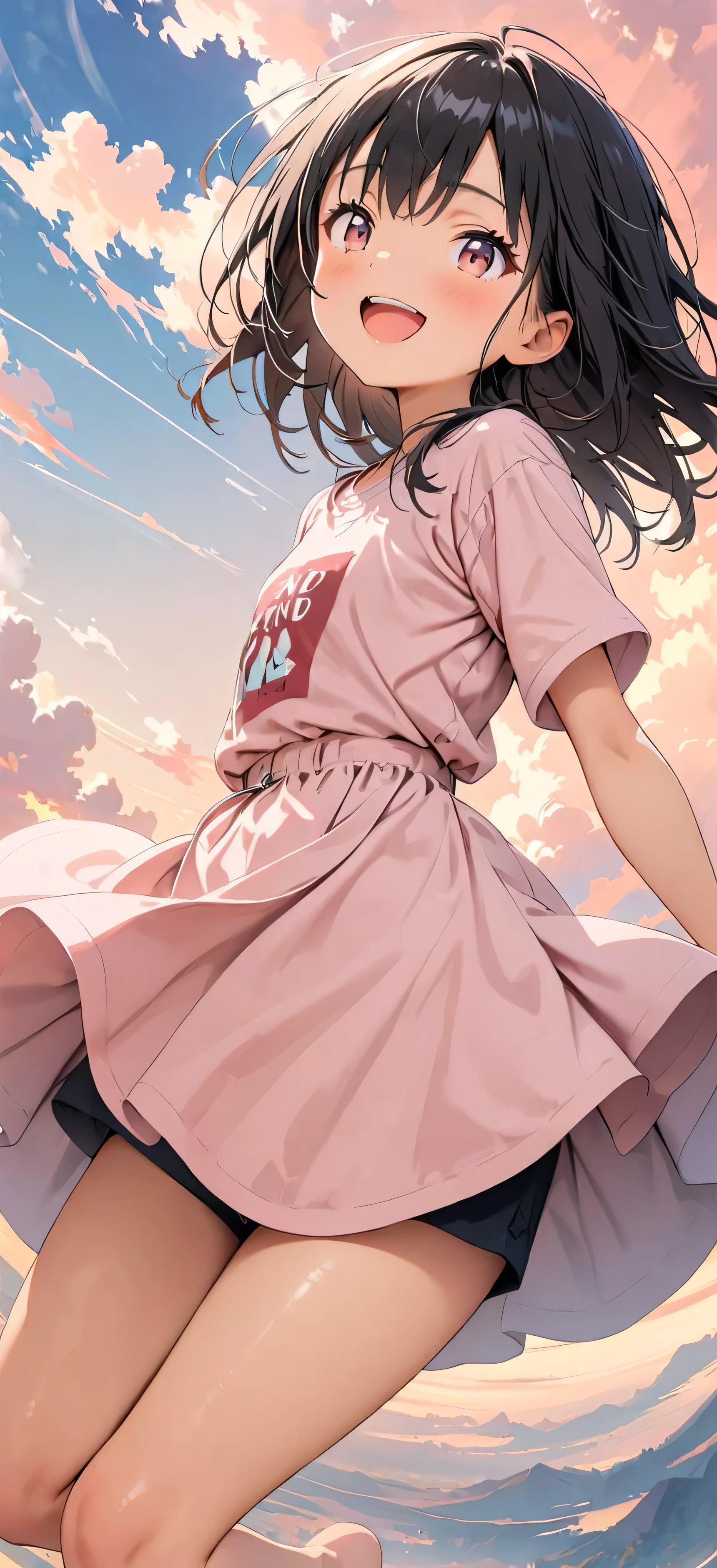 Highest quality, Very detailed, up to date, Vibrant, masterpiece, Highest quality, Best aesthetics, Floating in the sky, on the clouds, Pastel clouds, fly in the sky, Blurred Background, Above, One woman, Black Hair, face up shot, smile, big smile, Get excited, flat chested, short stature, very young, barefoot, Dynamic Angle, low angle, dynamic, Floating, Dynamic pose, White Dress, The wind is blowing, Vivid light, Colorful Scenes, momentum