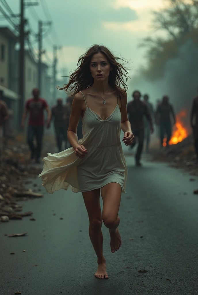 sunny mid day,She wore a short slip dress,Run away on the road, Behind her, There is a large group of zombies chasing, Flames and general destruction, The darkness of the Dark Ages,Medium shot,Cinematic light and shadow,8K clarity