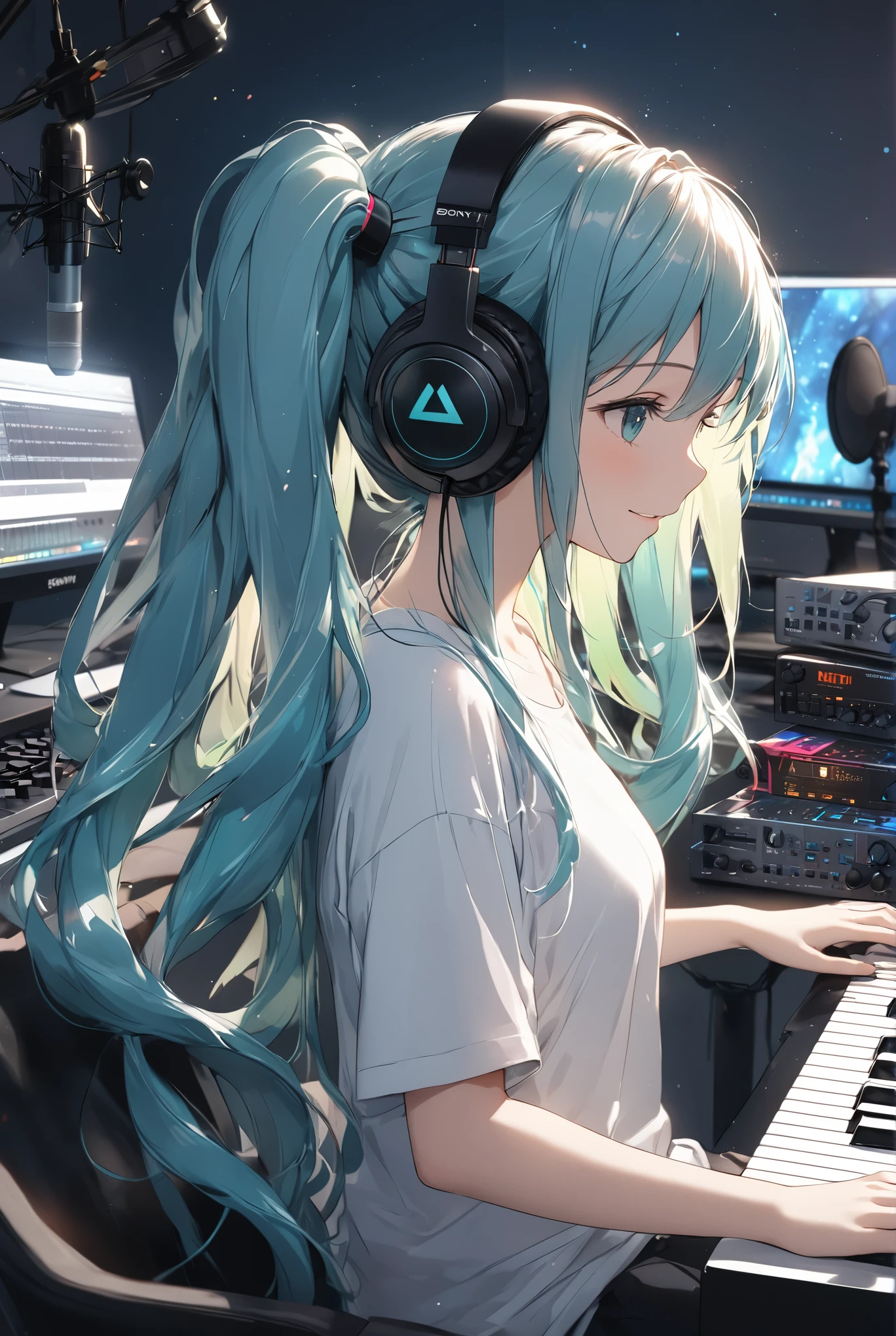 (Masterpiece: 1.3, Highest Resolution, Highest Quality, 8K, depth of field, 8k, very delicate illustration, Perfect Details), Perfect Lighting, (very cute 1Girl),side view, Hatsune Miku,straight hair,twin tail, Solo, Girl Making Music on Home Studio Computer, Rembrandt, Silent Recording Studio, detailed body, white T-shirt, sing with a happy expression, (sitting in front of midi keyboard:1.1,Native Instruments KOMPLETE KONTROL S88), wearing headphones, sony MDR-CD900ST,operating computer iMac, monitor displays DAW interface,Stainberg Cubase,Beautiful fingers playing the keyboard, delicate hands, colorful musical note marks around her, the light of the night sky coming in through the window, a room illuminated by night light, a fluorescent desk light