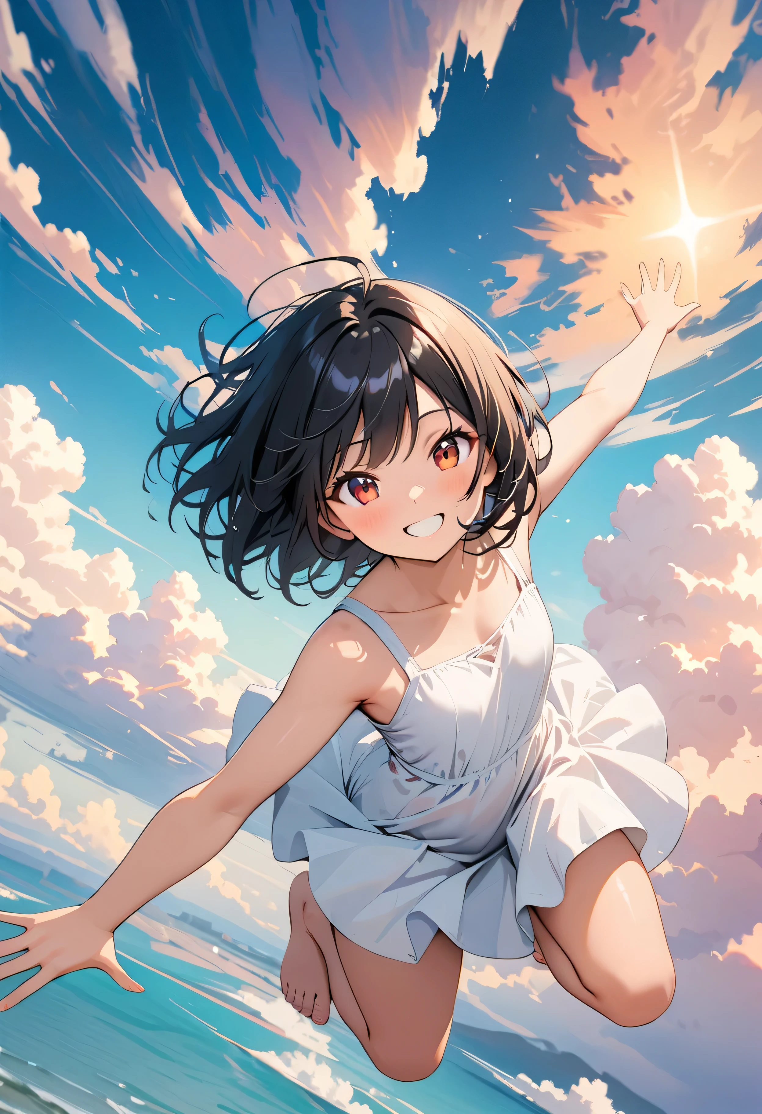 Highest quality, Very detailed, up to date, Vibrant, masterpiece, Highest quality, Best aesthetics, Floating in the sky, on the clouds, Pastel clouds, fly in the sky, Blurred Background, Above, One woman, Black Hair, bob cut, face up shot, smile, big smile, Get excited, flat chested, short stature, very young, barefoot, ((White Dress)), Dynamic Angle, dynamic, Floating, Dynamic pose, The wind is blowing, Vivid light, Colorful Scenes, momentum