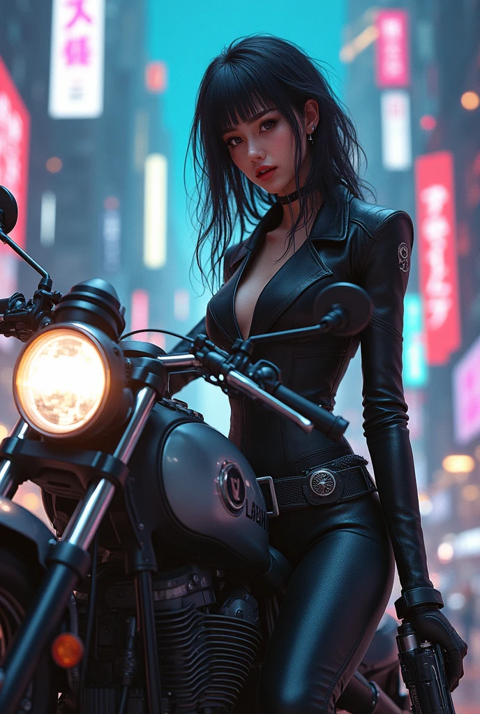 Huntress riding a high-tech motorcycle, Shoot high-tech cannons, Sparks from guns, (1 female, brown eyes, white skin, Twin-tailed black hair, choker, small breasts, skinny, lip whole, compensate, eyeliner, Russia), Wearing black one-piece leather armor, Long leather gloves, long Leather boots, In a cyberpunk town at night,  (cyberpunk theme), (masterpiece, highest quality, 8K, sharp focus, written boundary depth, best shadows, perfect light, HDR, realistic skin texture, Ultra-detailed and detailed background), wide shot