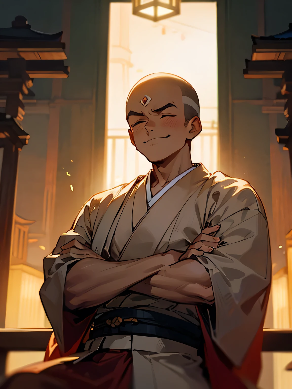 front view,solo, (indian style),(male), (all shaved head),big forehead, male thin eyes, male nose, male mouth,(Japanese monk clothes),crossed arms, closed eyes smile , Sunny Kyoto, bridge