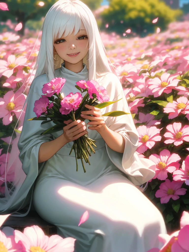 (photo realistic:1.3),(masterpiece:1.25),  ,(long black messy hair:1.2),bangs,(beautiful white hair:1.5),,,(big smile),(sitting on flowers:1.5),(pink small flowers as far as the eye can see:1.5)
(shiny white skin:1.4),(cute face:1.0) , ,(many ear ring:1.4),(gigantic boobs with tank top:1.5),(big hip:1.3)