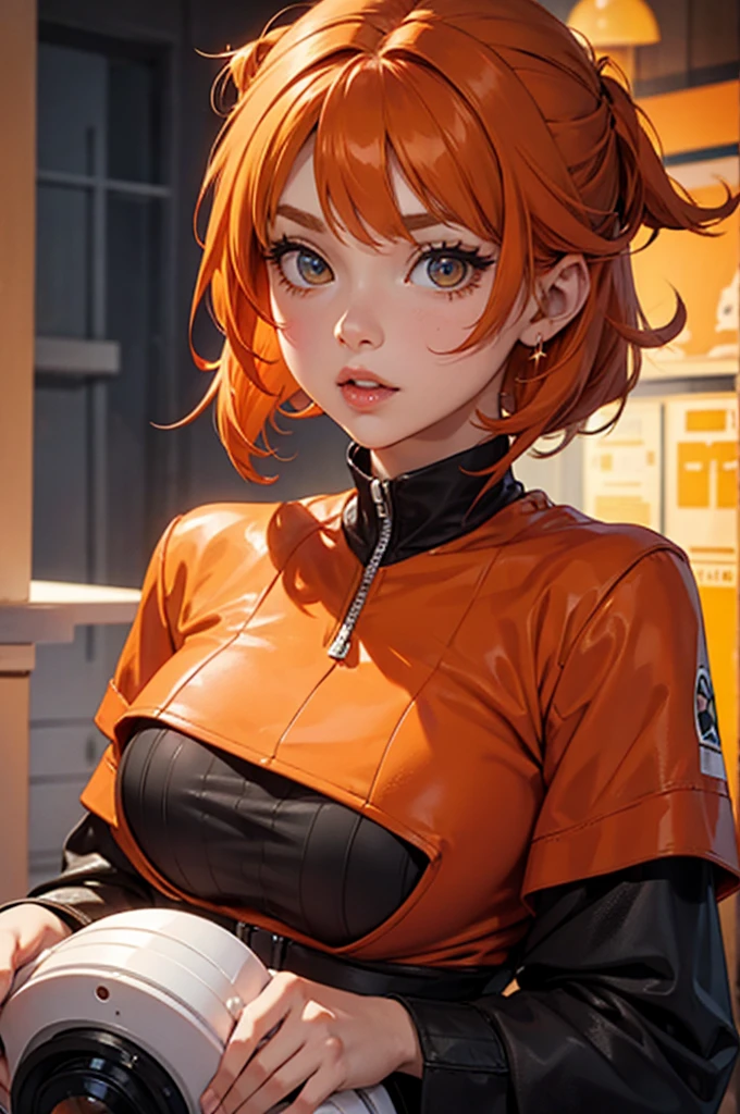 ((masterpiece, best quality; 1.3)), super quality, beautiful details, very detailed, ultrafine, 16,000, exquisite, abdominal muscleurd, high resolution, beautiful background, detailed background, beautiful eyes, beautiful skin, animation style, ((1 woman, alone)), Dirty pair&#39;Kay is wearing a white high-waisted outfit., split, Bushy redhead beauty, white uniform, wear tight clothes, skimpy, (center of chest:1.2), Covered Huge Nipples, (muscular body: 1.2), abdominal muscle, Six-pack, oblique muscle, muscular biceps, hamstring, slim waist, thin thighs, thigh gap, show your belly, thin, thin hips, cyberpunk city background, ((holding a retro space gun:1.1)), ((ready for battle:1.1)) BREAK green headband, emerald green headband