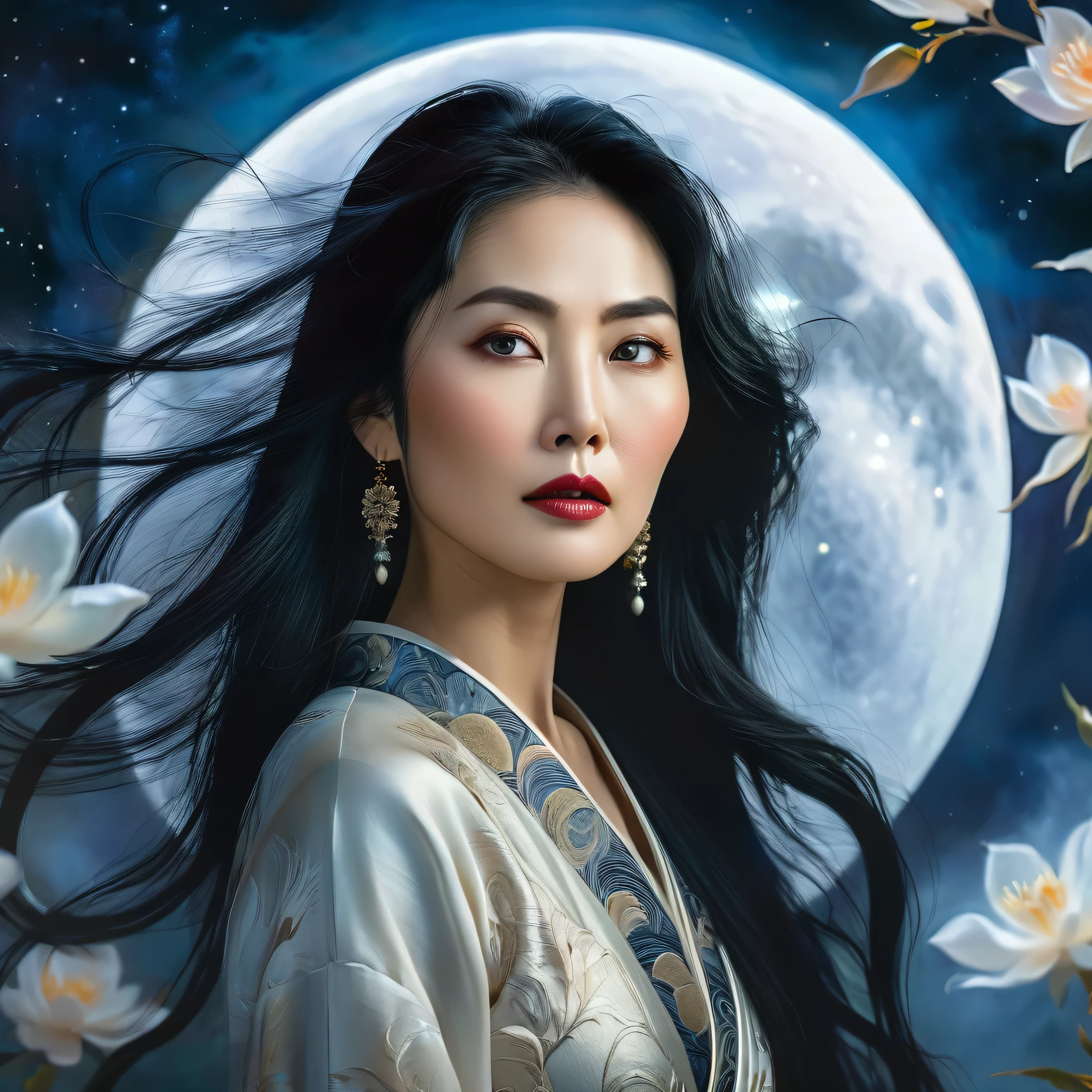 a beautiful middle-aged asian woman, long black hair, detailed face, detailed eyes, detailed lips, serene expression, moon in the background, ethereal, fantasy, oil painting, dramatic lighting, dramatic mood, vivid colors, cinematic, award-winning, masterpiece, best quality, 8k, highres