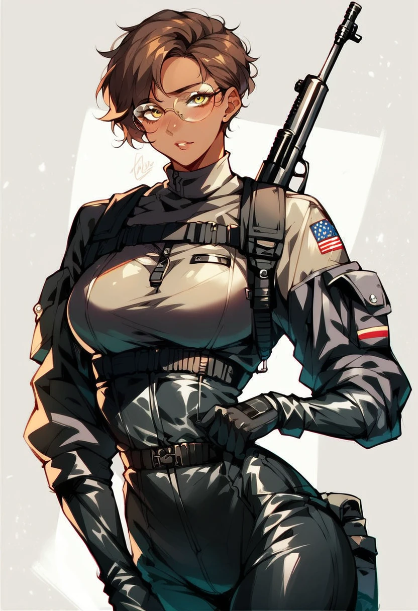 An image of a busty female soldier, bald, gorgeous, head tattoo, (cleavage), camo vest, hotpants, jungle, (detailed skin complexion:1.2), best quality, vivid color, rtx shading effect, ambient occlusion, highly detailed textures