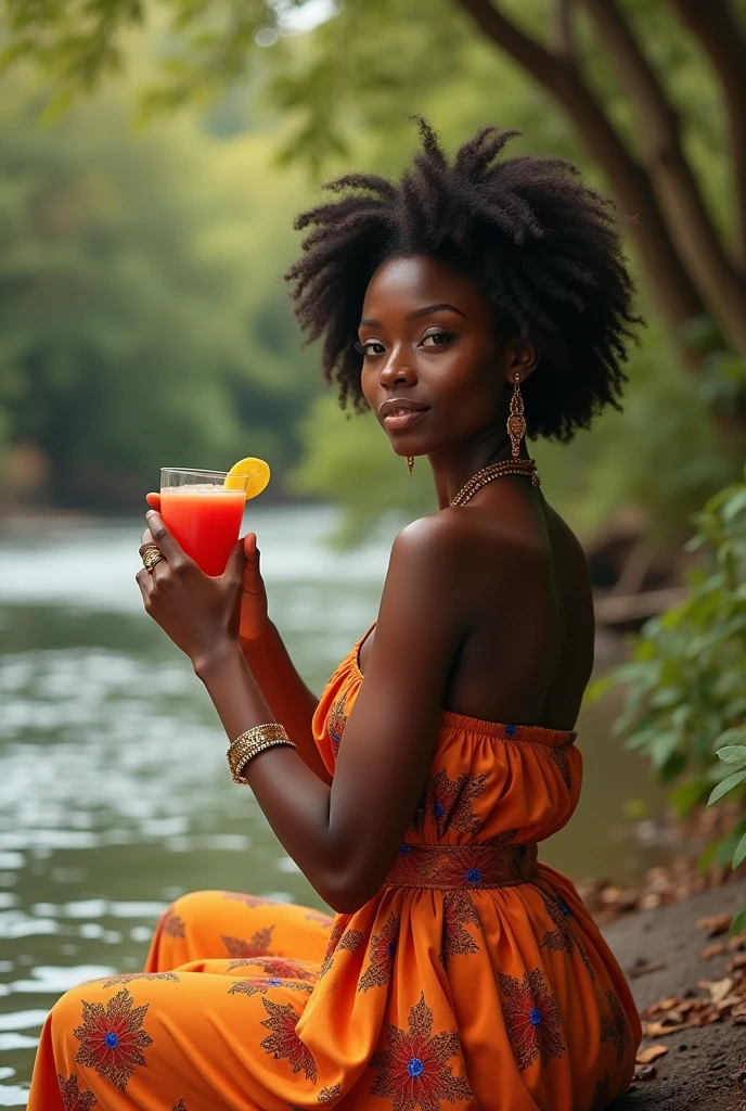 Draw a black woman BITING a free with a tree in the background and a calm stream without being realistic